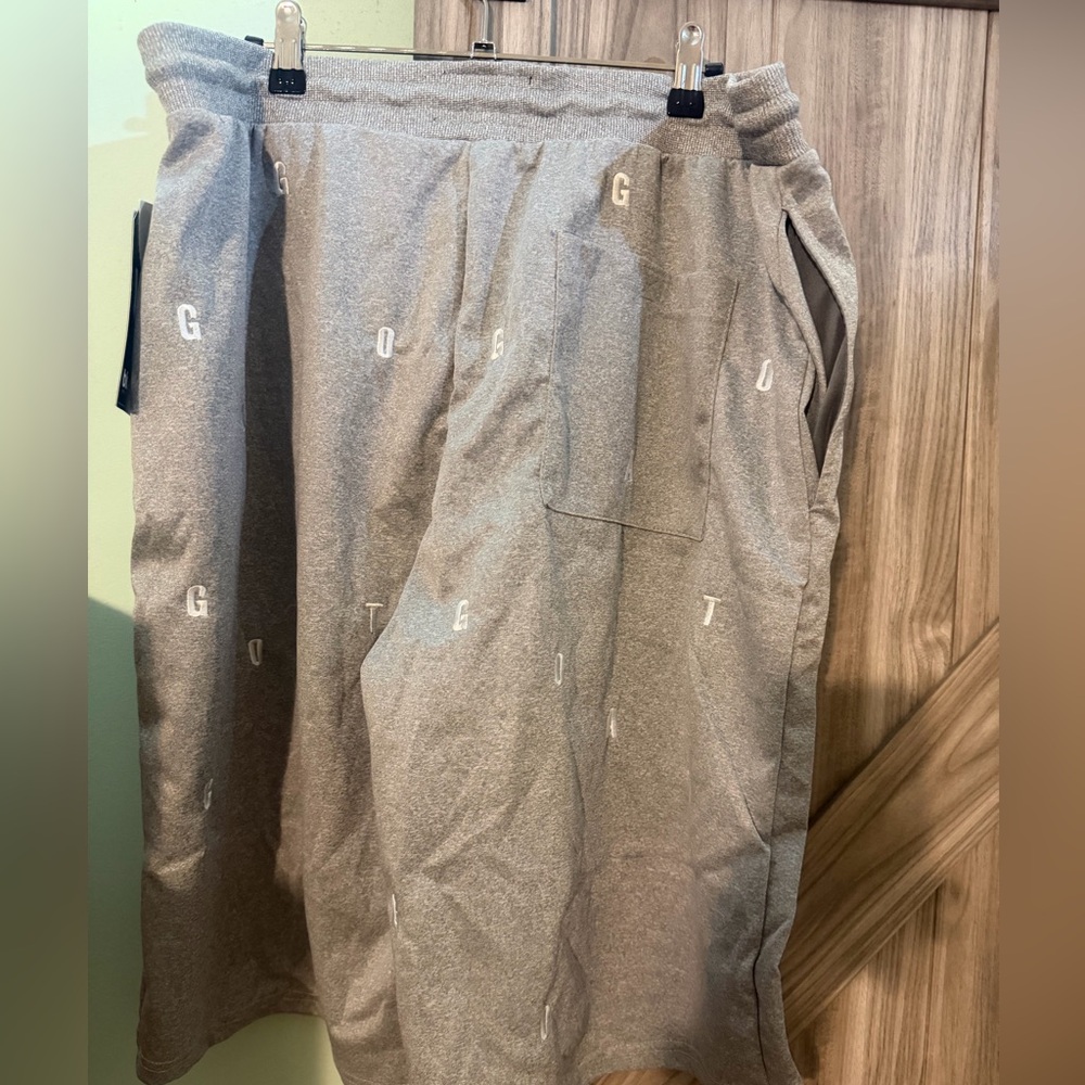 Men's Gray Athletic Drawstring Shorts with Subtle Lettering - Picture 2 of 4